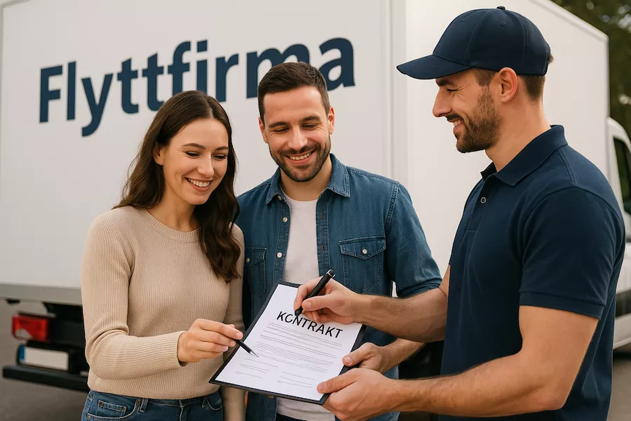 “Två personer skriver kontrakt med flyttfirma vid flyttbil – symboliserar bokning, avtal och trygg planering inför en professionell flytt”